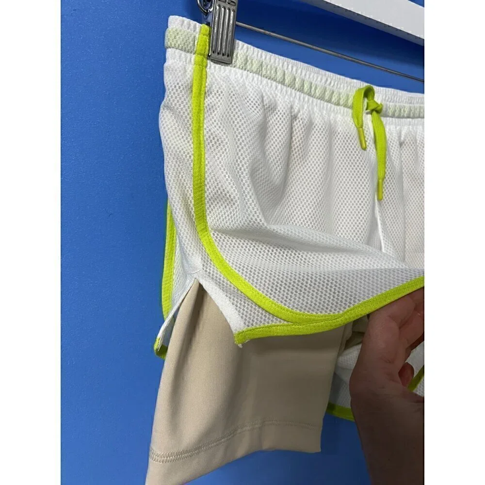 Nike Dri-Fit Tempo Girls 2-In-1 Training Shorts White/Beige Neon Green Accents L - Picture 4 of 9